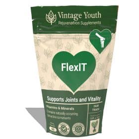 Vintage Youth FlexIT supplement package, designed to support joints and vitality, with a green and beige design featuring a joint icon and text highlighting its benefits.