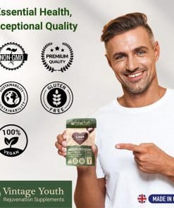 Man holding Liva+ liver detox and liver support supplement made in UK – non GMO, vegan and gluten free formula