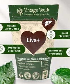 Liva+ liver detox supplement capsules supporting liver cleanse, antioxidant protection, joint flexibility and clear skin