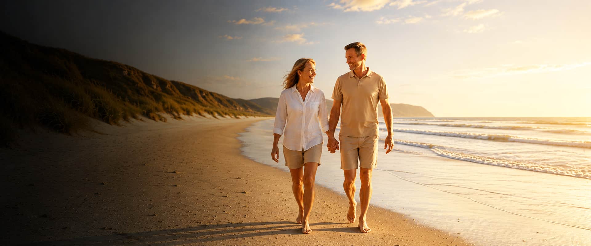 Healthy middle-aged couple walking along a beach at sunset representing active healthy ageing.