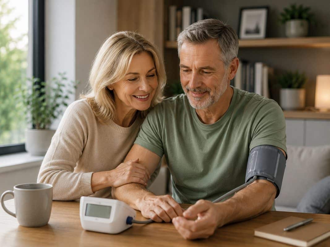 Healthy middle-aged couple at home representing cardiovascular wellbeing.