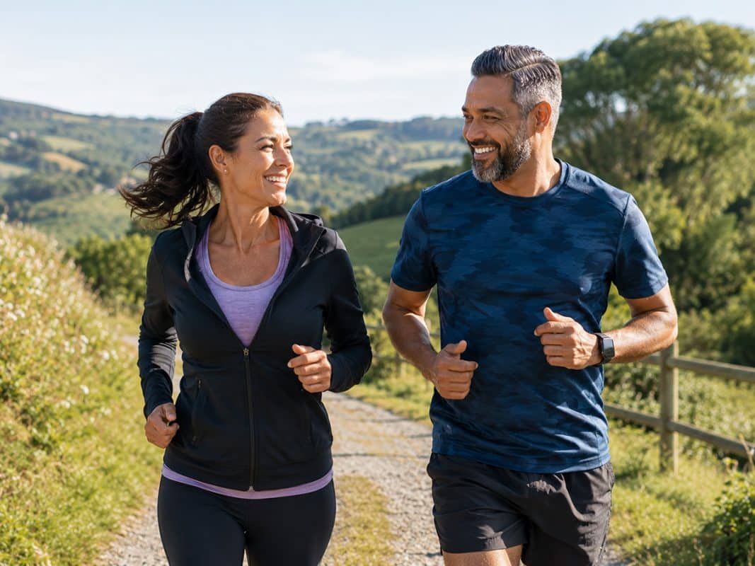 Healthy couple jogging outdoors representing natural energy and vitality.