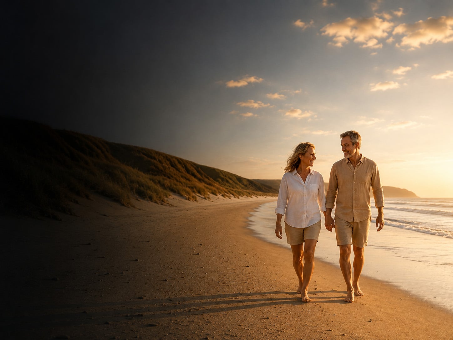 Healthy middle-aged couple walking along a beach at sunset representing active healthy ageing.