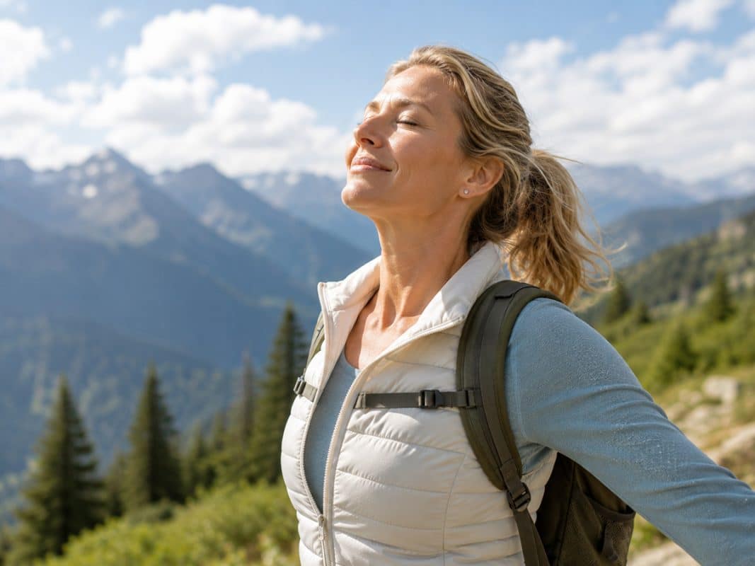 Woman enjoying fresh mountain air representing healthy breathing.