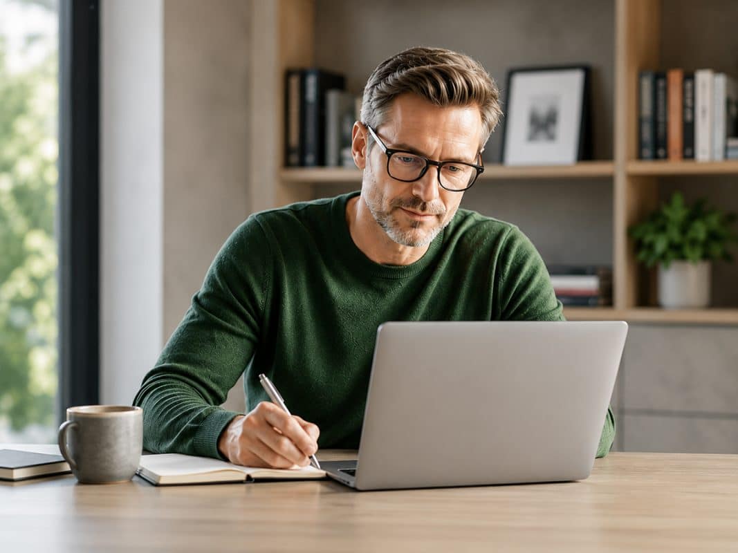 Healthy man working on a laptop representing improved focus and mental performance.