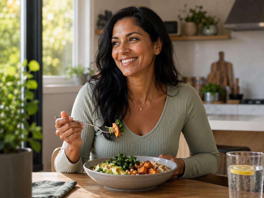 Healthy woman enjoying nutritious food representing digestive wellbeing.