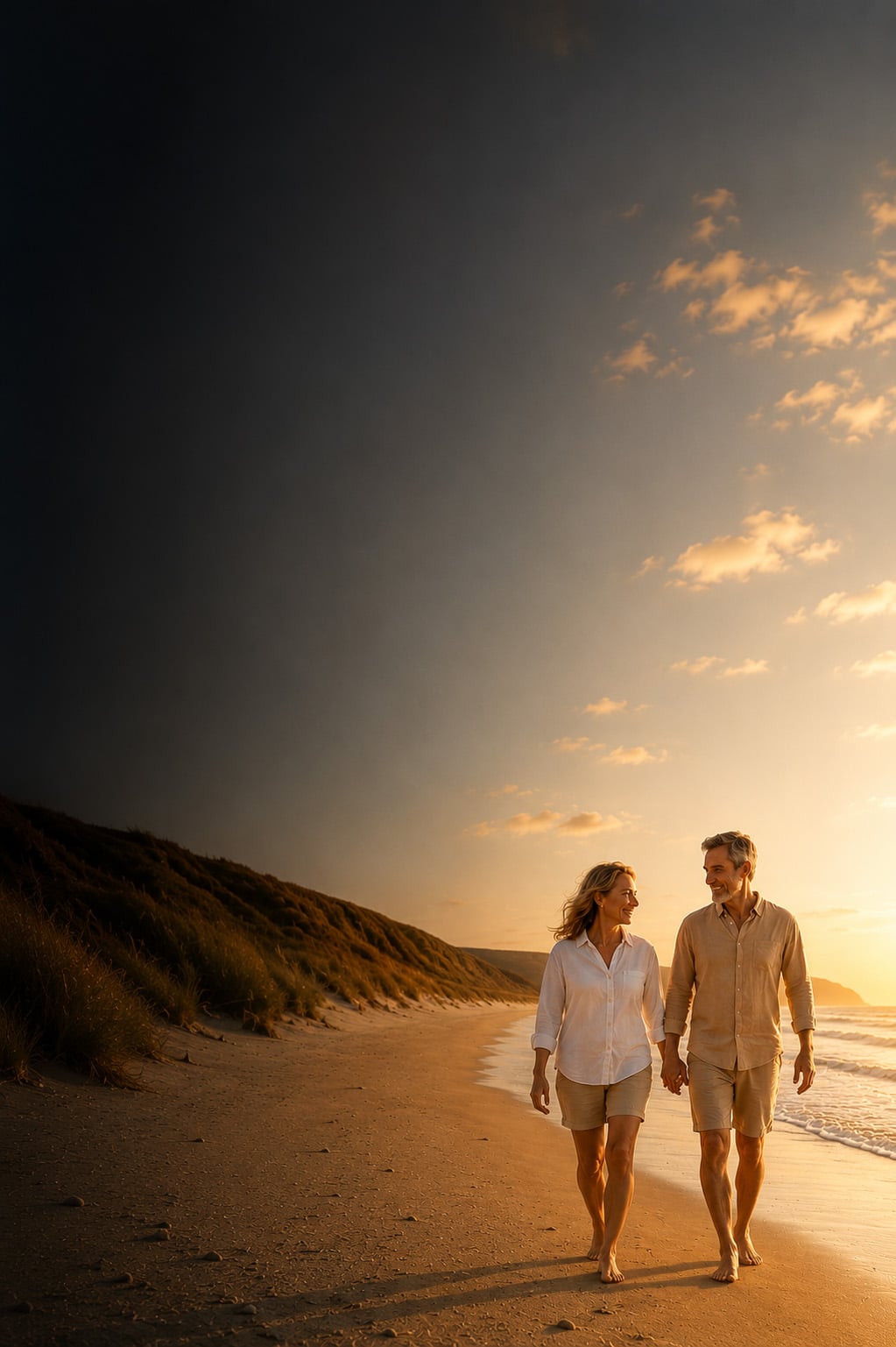 Healthy middle-aged couple walking along a beach at sunset representing active healthy ageing.