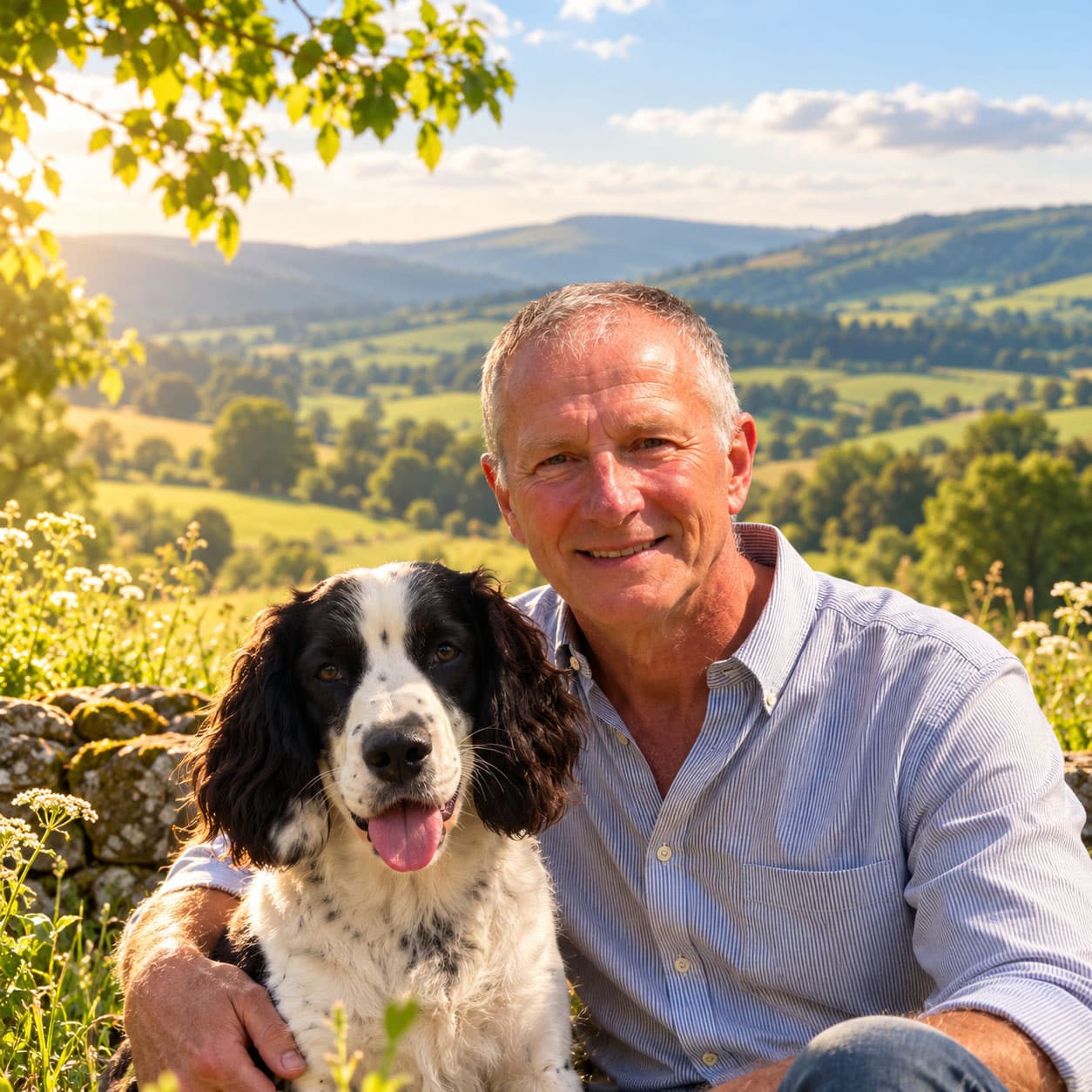 Vintage Youth founder Andy Fields with his dog in the Devon countryside