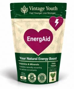 Vintage Youth EnergAid energy and vitality supplement in a resealable pouch with magenta heart and 60 capsules