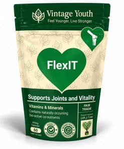 Vintage Youth FlexIT joint health supplement in a green and cream resealable pouch with green heart and 60 capsules
