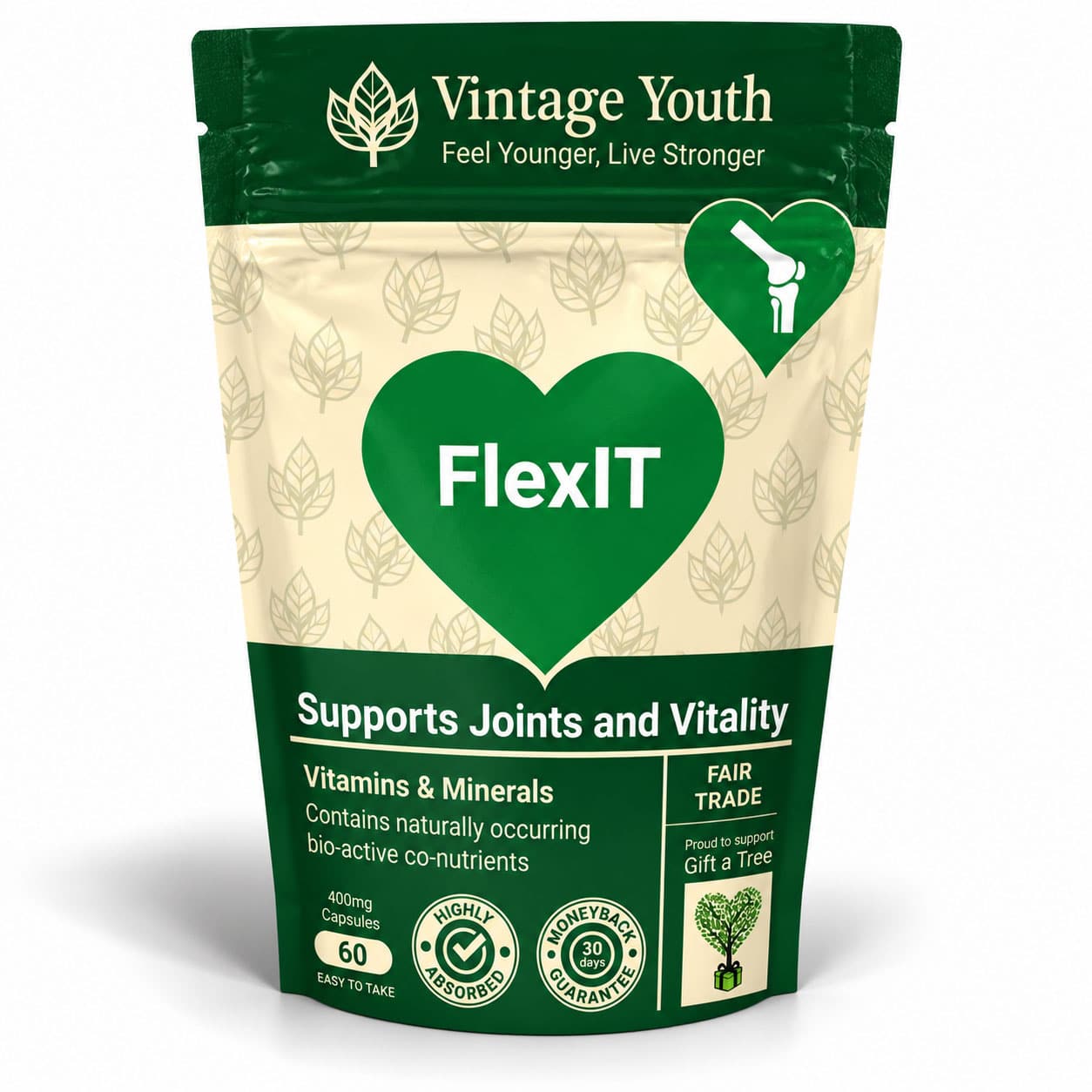 Vintage Youth FlexIT joint health supplement in a green and cream resealable pouch with green heart and 60 capsules