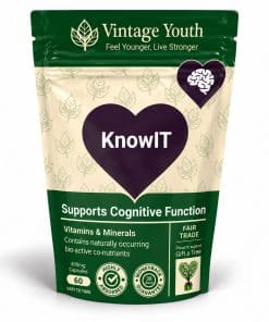 Vintage Youth KnowIT brain and cognitive support supplement in a green and cream pouch containing 60 capsules