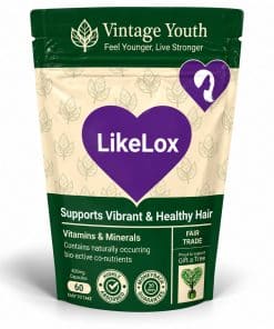 Vintage Youth LikeLox hair health supplement in a green and cream pouch with purple heart and 60 capsules