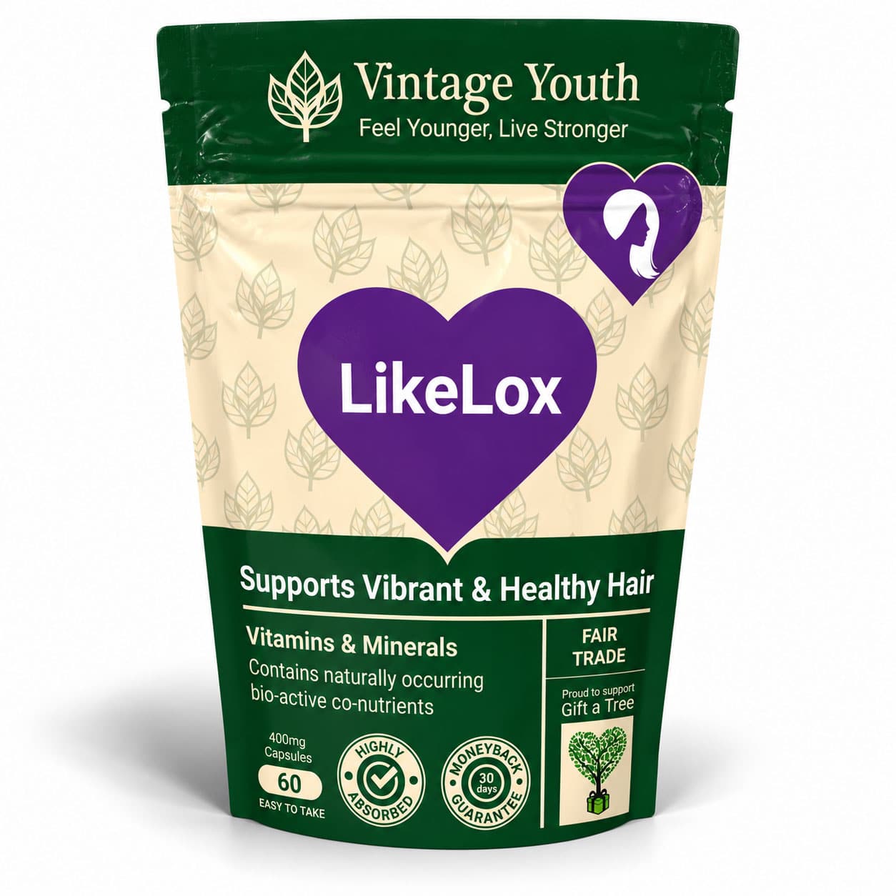 Vintage Youth LikeLox hair health supplement in a green and cream pouch with purple heart and 60 capsules