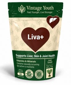 Vintage Youth Liva+ liver support food supplement in a green and cream resealable pouch containing 60 capsules