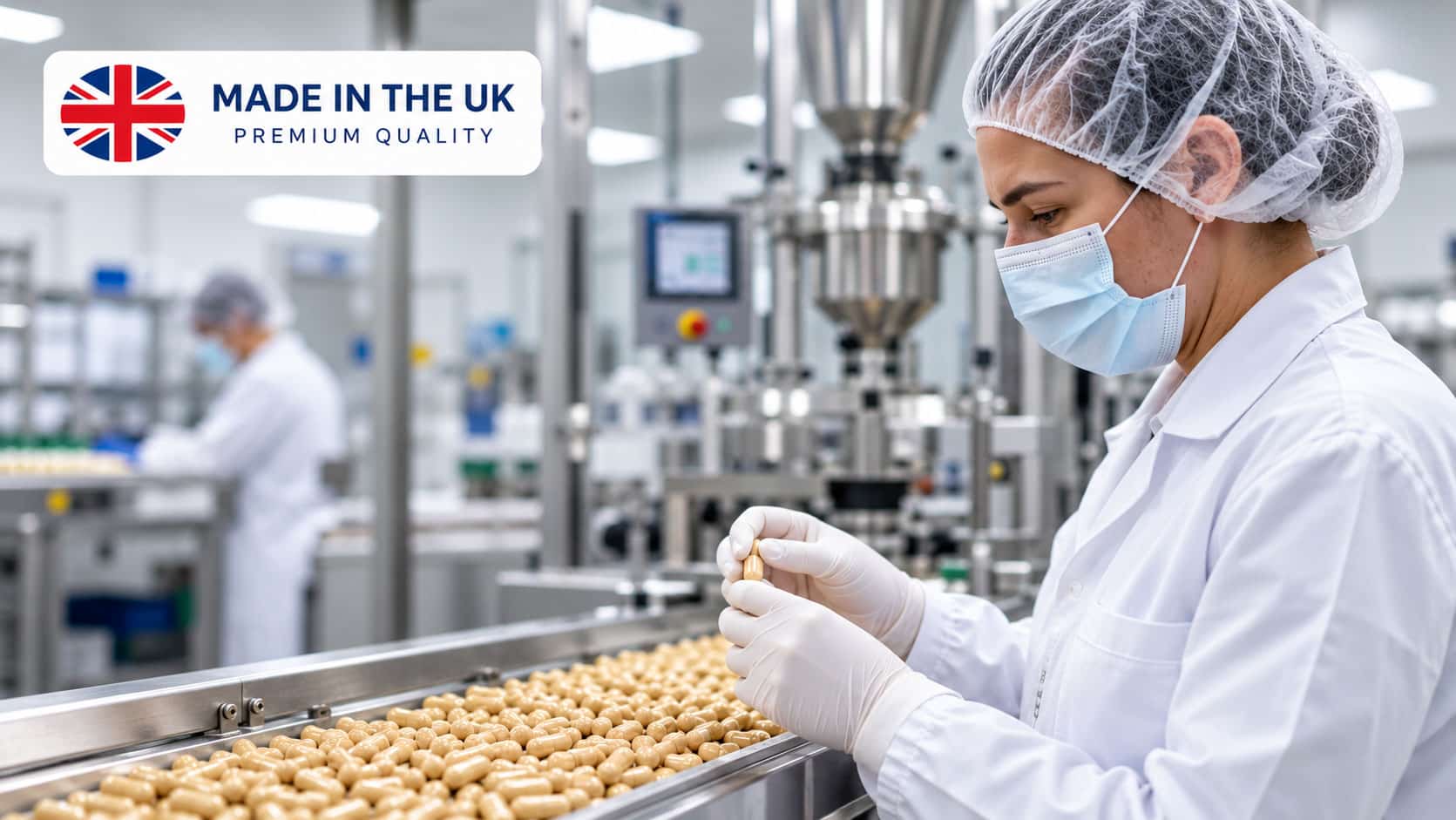 Illustration of British supplement manufacturing and capsule quality inspection