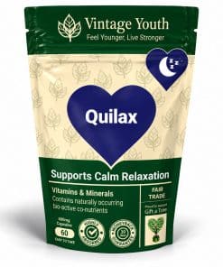 Vintage Youth Quilax natural sleep and relaxation supplement in a resealable pouch with navy heart and 60 capsules