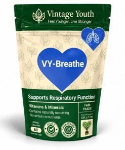 Vintage Youth VY-Breathe respiratory support supplement in a green and cream pouch with blue heart and 60 capsules